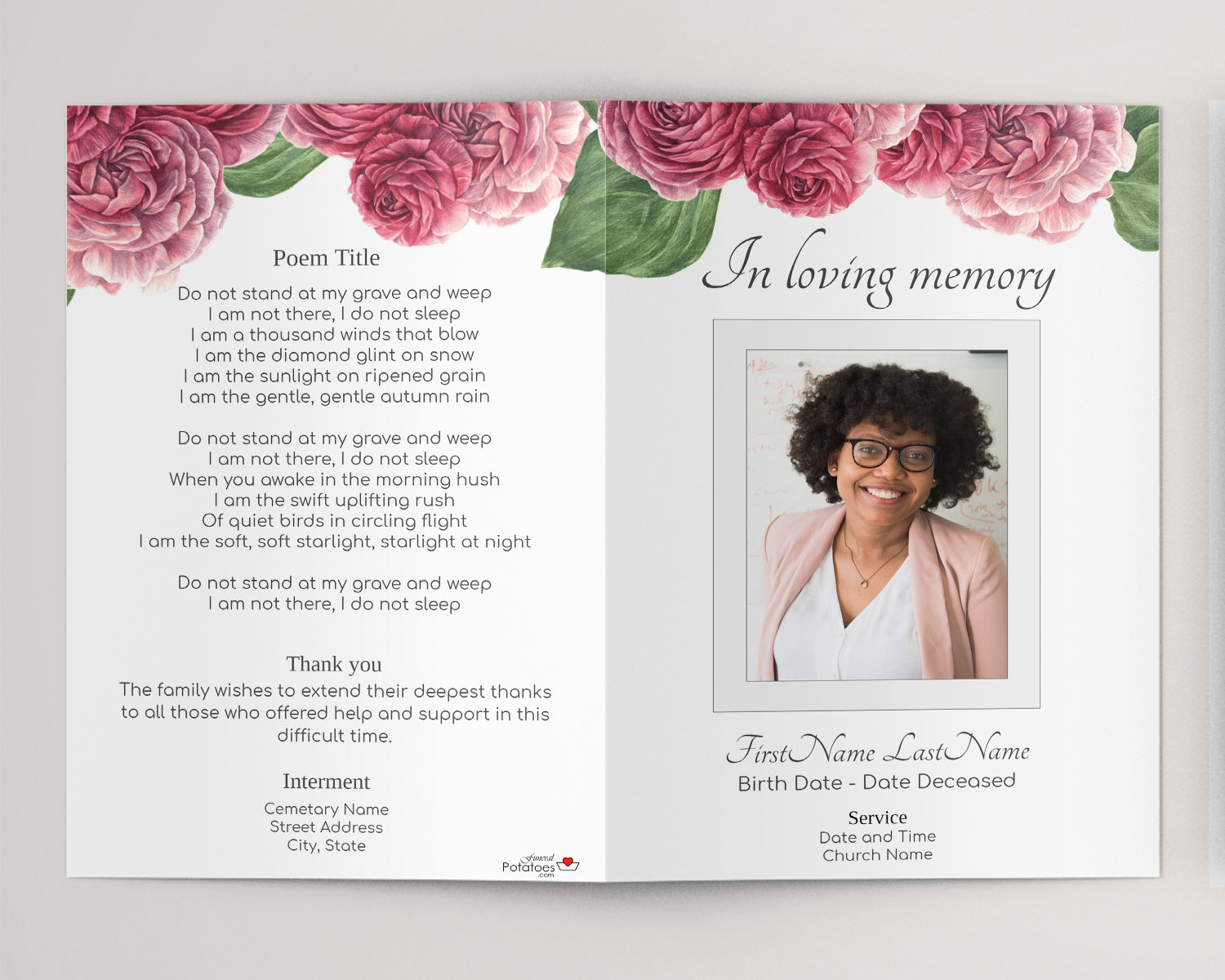 FF1 Peach floral Funeral Program Template Memorial Program Editable Obituary Program Order of Service